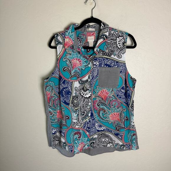 Chico's No-Iron Sleeveless Paisley and Stripes Button-Back Shirt Size 2.5 (L 14) - Picture 3 of 12